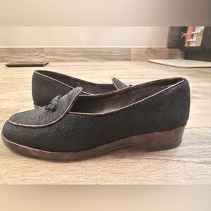 Stuart Weitzman Black Textured Loafers with Brown Tortoiseshell Trimming